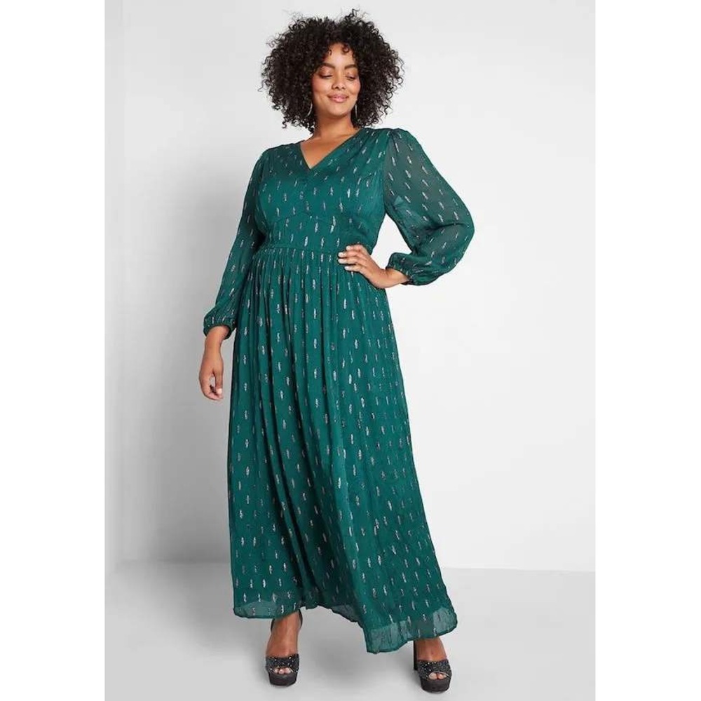 ModCloth Emerald Green Metallic Leaf Maxi Dress Plus Size 3X V-Neck Long Sleeve